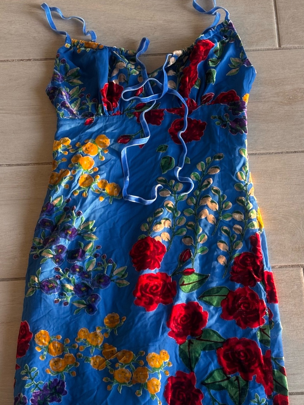 Summer  Blue Floral Slip Dress with Velvet Flowers